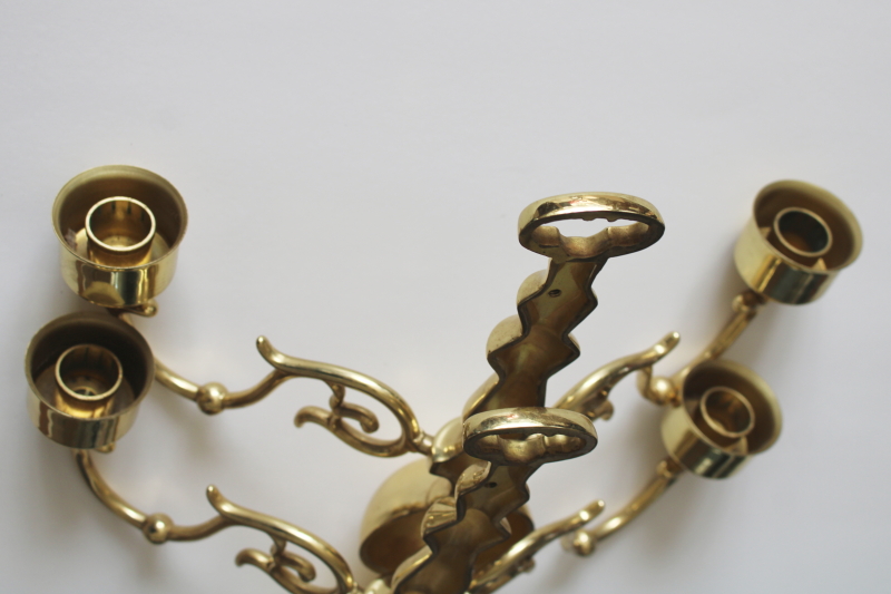 photo of pair of vintage candle sconces, polished solid brass wall hanging double light candle holders  #5