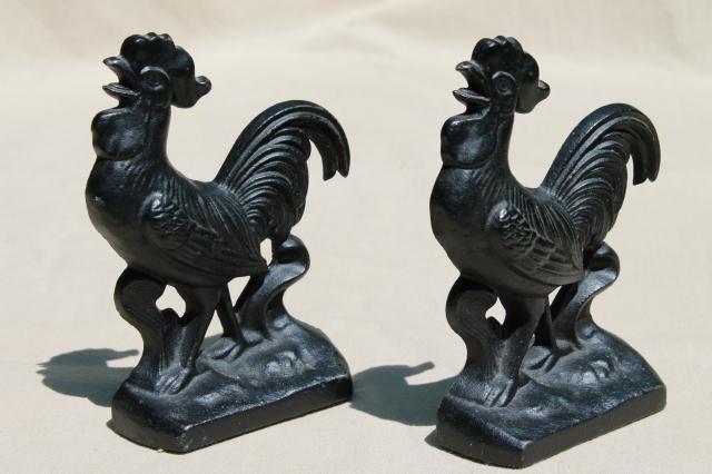 photo of pair of vintage cast iron roosters bookends, bantam rooster book ends set #2