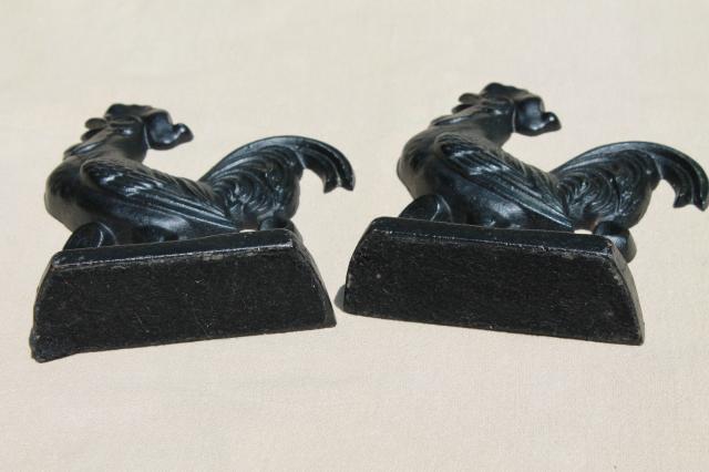 photo of pair of vintage cast iron roosters bookends, bantam rooster book ends set #6