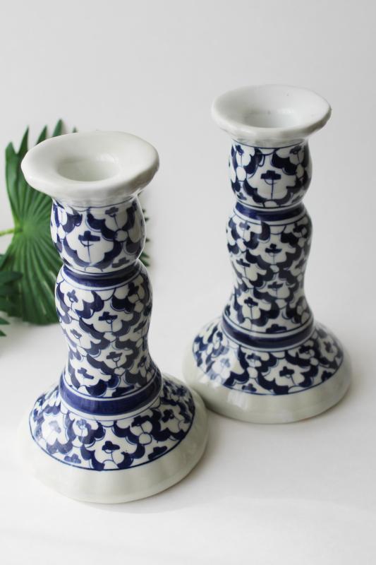 photo of pair of vintage china candlesticks w/ tile pattern in cobalt blue & white  #6