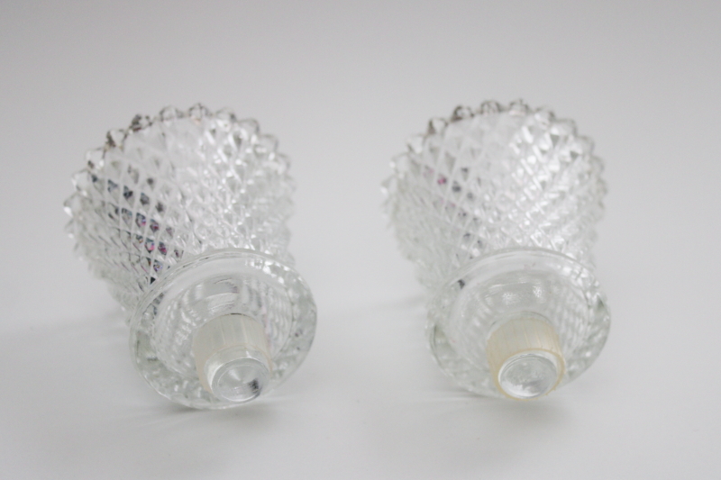 photo of pair of vintage clear glass peg style votive candle holders diamond pattern #2