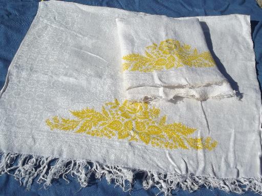 photo of pair of vintage cotton damask towels, yellow rose leaf floral border #1