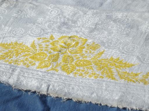 photo of pair of vintage cotton damask towels, yellow rose leaf floral border #5