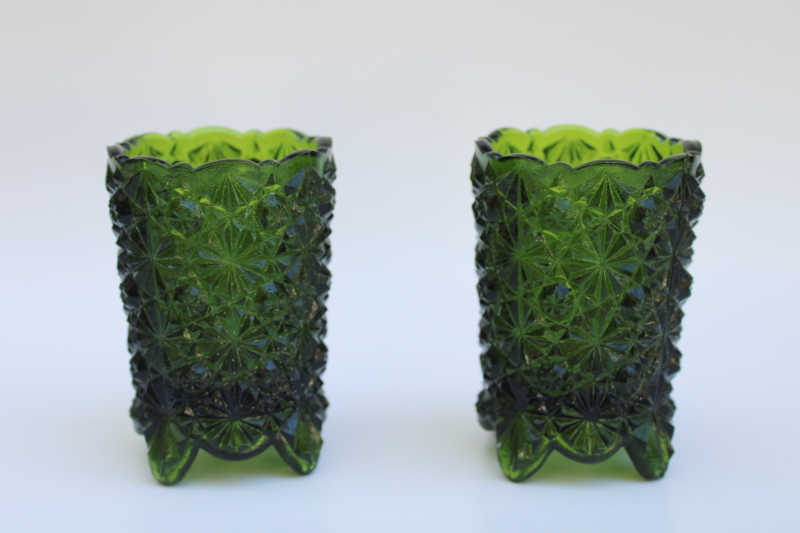 photo of pair of vintage daisy & button pattern green glass votive candle holders or toothpick vases  #1