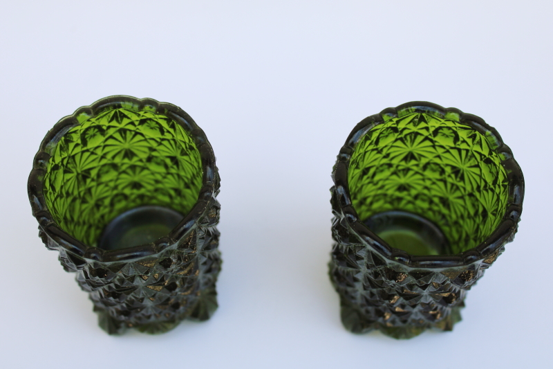 photo of pair of vintage daisy & button pattern green glass votive candle holders or toothpick vases  #2