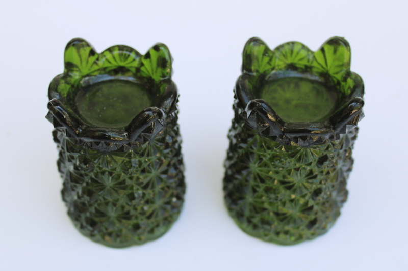 photo of pair of vintage daisy & button pattern green glass votive candle holders or toothpick vases  #3