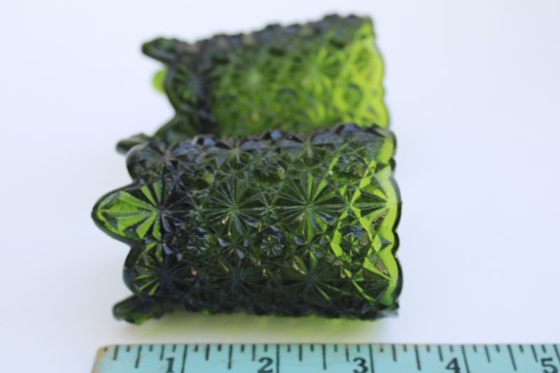 photo of pair of vintage daisy & button pattern green glass votive candle holders or toothpick vases  #4