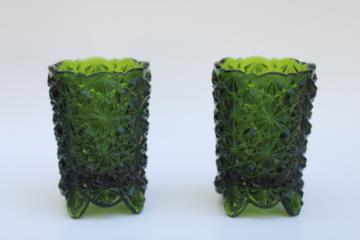 catalog photo of pair of vintage daisy & button pattern green glass votive candle holders or toothpick vases 