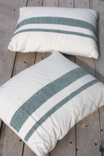 photo of pair of vintage feather pillows w/ old wool camp blanket fabric covers  #1