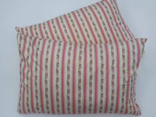 photo of pair of vintage feather pillows, polished cotton floral stripe ticking #1