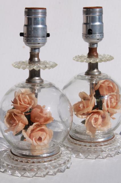 photo of pair of vintage glass boudoir lamps w/ flower globe lamp bases, peach pink roses  #1