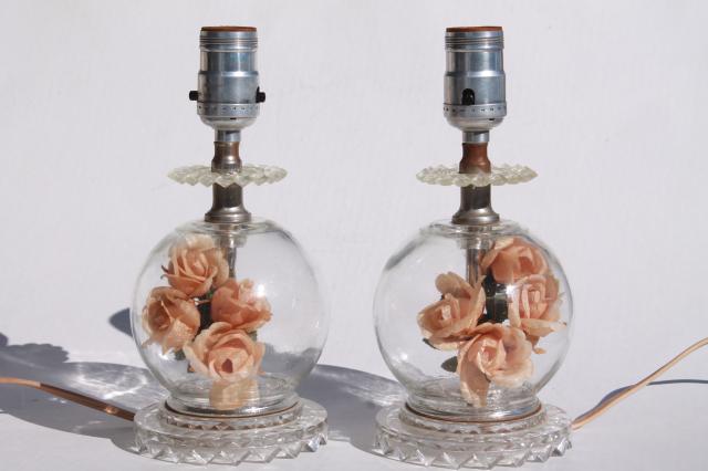 photo of pair of vintage glass boudoir lamps w/ flower globe lamp bases, peach pink roses  #2