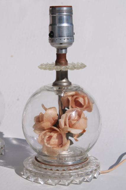 photo of pair of vintage glass boudoir lamps w/ flower globe lamp bases, peach pink roses  #4