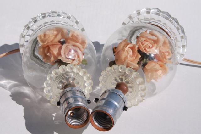 photo of pair of vintage glass boudoir lamps w/ flower globe lamp bases, peach pink roses  #6