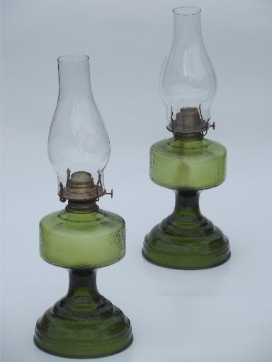 photo of pair of vintage glass oil lamps, homesteader antique chimney lamp w/ shade  #1