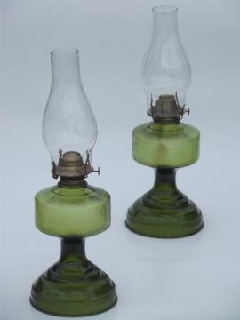 catalog photo of pair of vintage glass oil lamps, homesteader antique chimney lamp w/ shade 