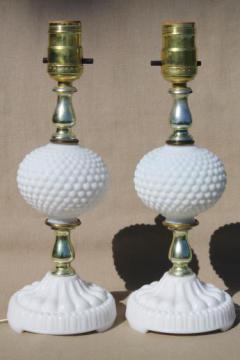 catalog photo of pair of vintage hobnail milk glass boudoir vanity table lamps, cottage style!