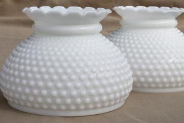 catalog photo of pair of vintage hobnail milk glass shades, lampshades for student lamp or hanging light