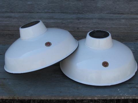 photo of pair of vintage industrial white w/black rims enamel barn or shop lights #1