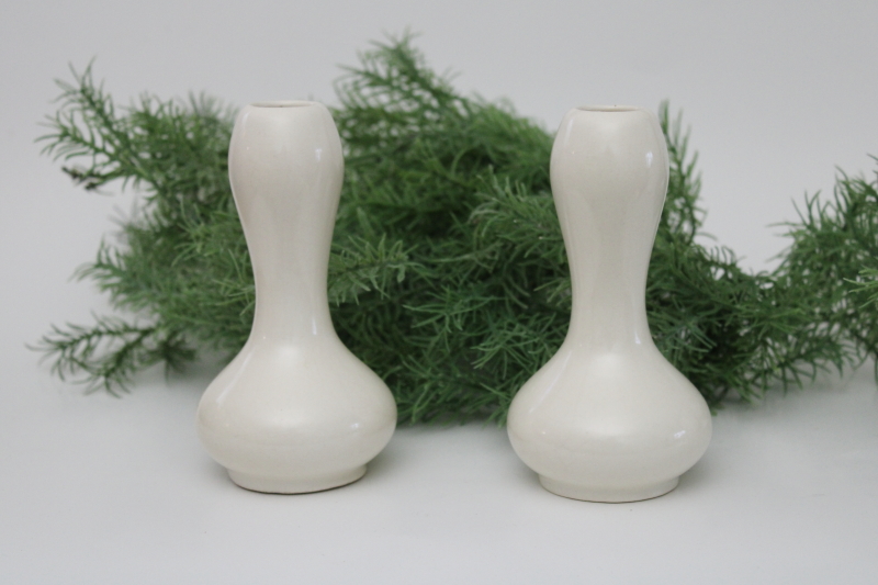 photo of pair of vintage matte white ceramic vases, small gourd shapes mid century modern USA pottery #1