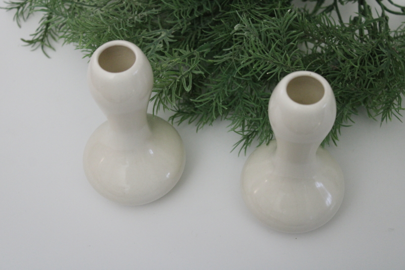 photo of pair of vintage matte white ceramic vases, small gourd shapes mid century modern USA pottery #2