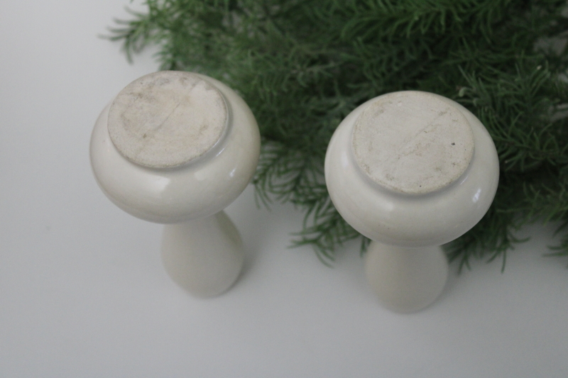 photo of pair of vintage matte white ceramic vases, small gourd shapes mid century modern USA pottery #3