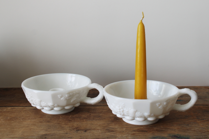 photo of pair of vintage milk glass candle holders, rare chamber candle sticks paneled grapes pattern  #1