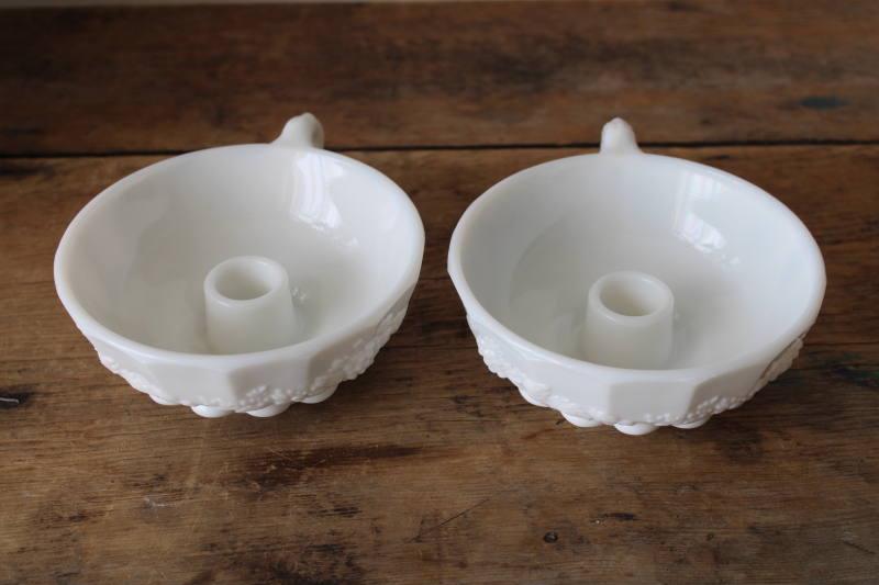 photo of pair of vintage milk glass candle holders, rare chamber candle sticks paneled grapes pattern  #2