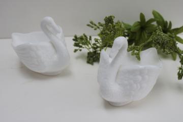 catalog photo of pair of vintage milk glass swans, small trinket dishes or candle holders