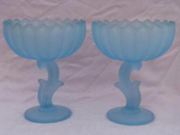 catalog photo of pair vintage pale blue satin glass flower bowls