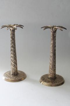 catalog photo of pair of vintage solid brass candlesticks, tropical coastal tall palm trees candle holders 