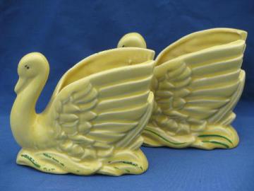 catalog photo of pair of yellow pottery swans, mid-century vintage flower pot planters