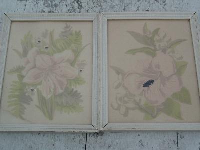 photo of pair old framed 40's floral prints, white paint #1