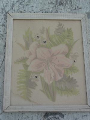 photo of pair old framed 40's floral prints, white paint #3