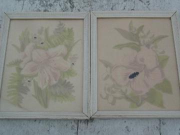 catalog photo of pair old framed 40's floral prints, white paint