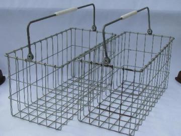 catalog photo of pair old milk bottle carrier baskets, vintage wire dairy crates w/ handles