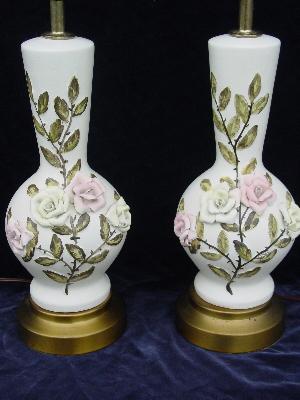 photo of Pair old shabby roses vintage china lamps #2