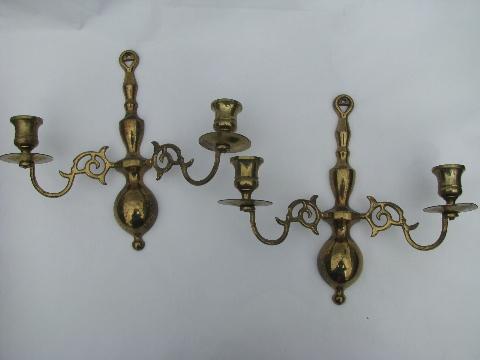 photo of pair old solid brass candle brackets, candelabra wall sconces #1