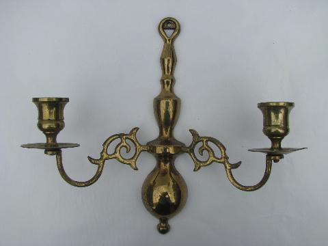 photo of pair old solid brass candle brackets, candelabra wall sconces #2