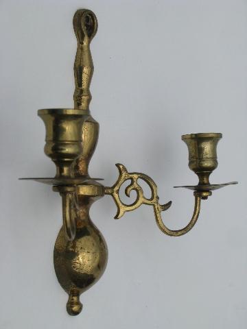 photo of pair old solid brass candle brackets, candelabra wall sconces #3