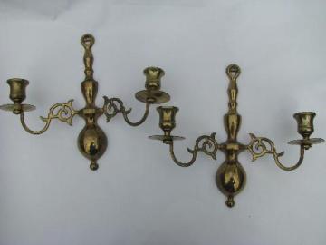 catalog photo of pair old solid brass candle brackets, candelabra wall sconces