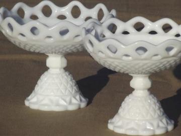 catalog photo of pair open lace milk glass compotes, vintage Imperial glass laced edge bowls