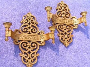 catalog photo of pair ornate gold plastic Syroco wall sconces for candles