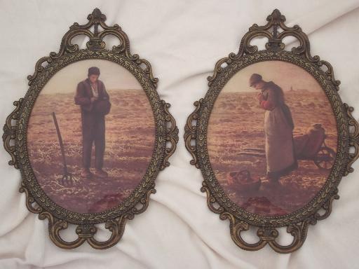 photo of pair ornate metal picture frames w/  curved convex glass, gleaners prints #1