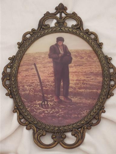 photo of pair ornate metal picture frames w/  curved convex glass, gleaners prints #4