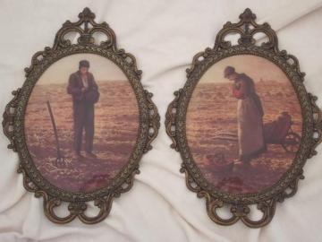 catalog photo of pair ornate metal picture frames w/  curved convex glass, gleaners prints