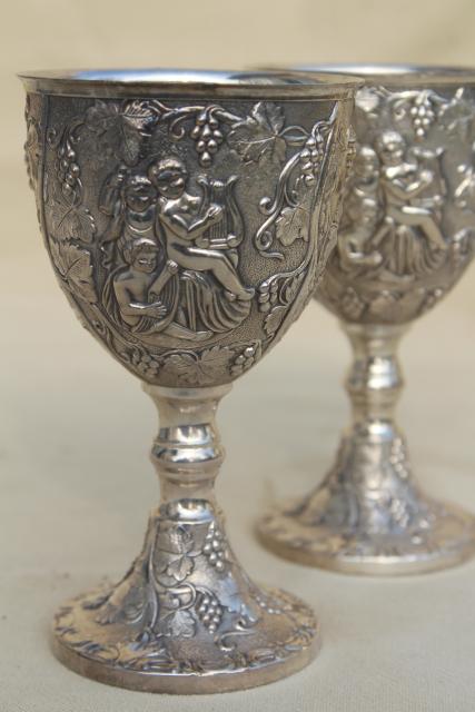 photo of pair ornate wedding cup goblets w/ cherub angels, vintage silver plate wine glasses #1
