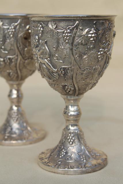 photo of pair ornate wedding cup goblets w/ cherub angels, vintage silver plate wine glasses #2