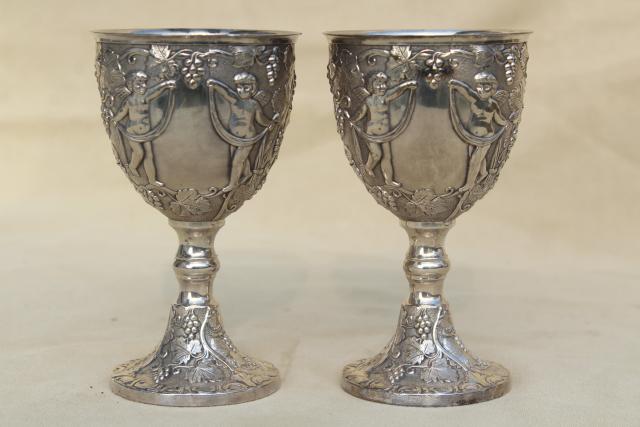 photo of pair ornate wedding cup goblets w/ cherub angels, vintage silver plate wine glasses #3