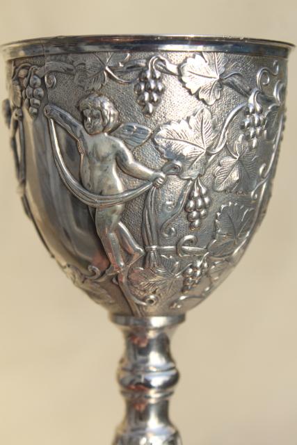 photo of pair ornate wedding cup goblets w/ cherub angels, vintage silver plate wine glasses #6